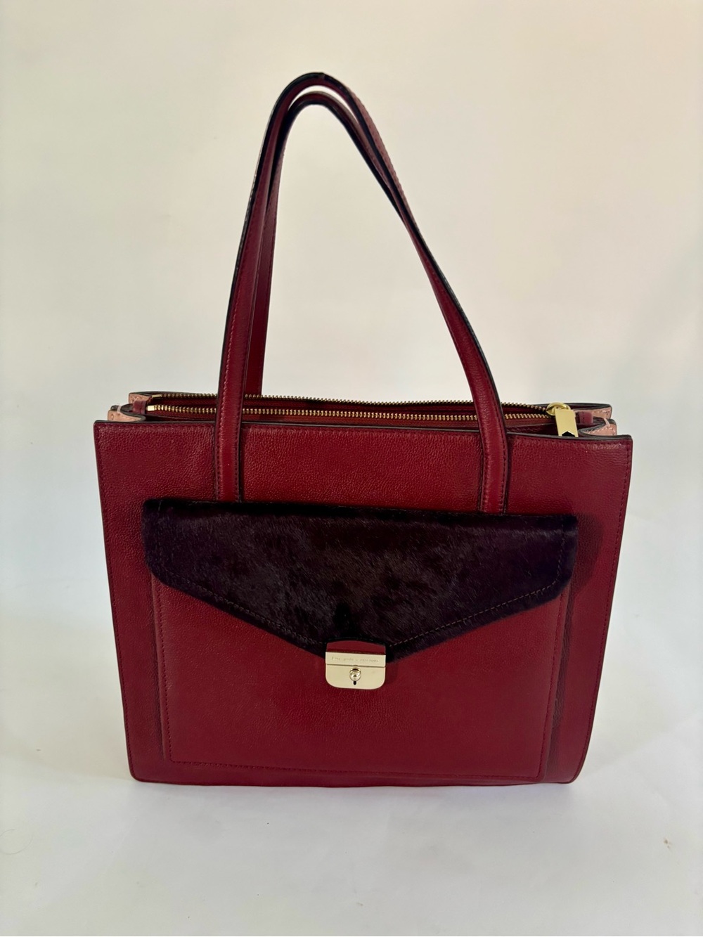 Kate Spade New York Burgundy Leather Tote Bag w/ Faux Calf Hair Flap Oxblood